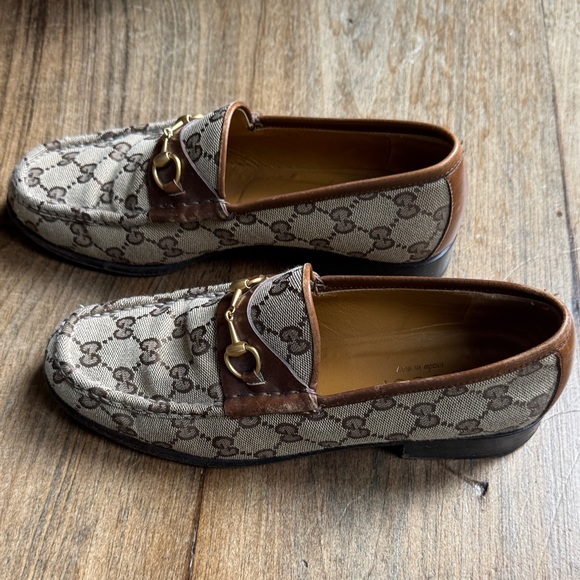 Gucci Beige and Brown Monogram Loafers - Picture 1 of 6